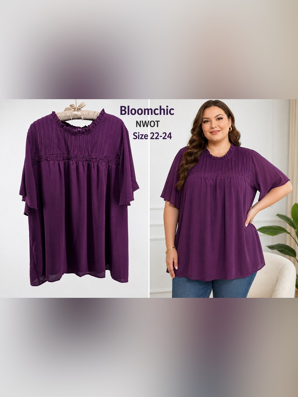 BloomChic Purple Blouse Size 22-24 Ruffle Pleated Flutter Sleeve Plus Size NWOT